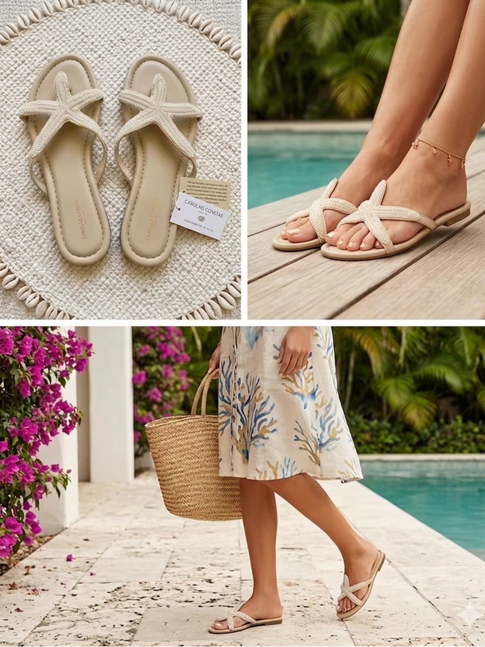 Caroline Constas Braided Starfish Cream Slide Sandals